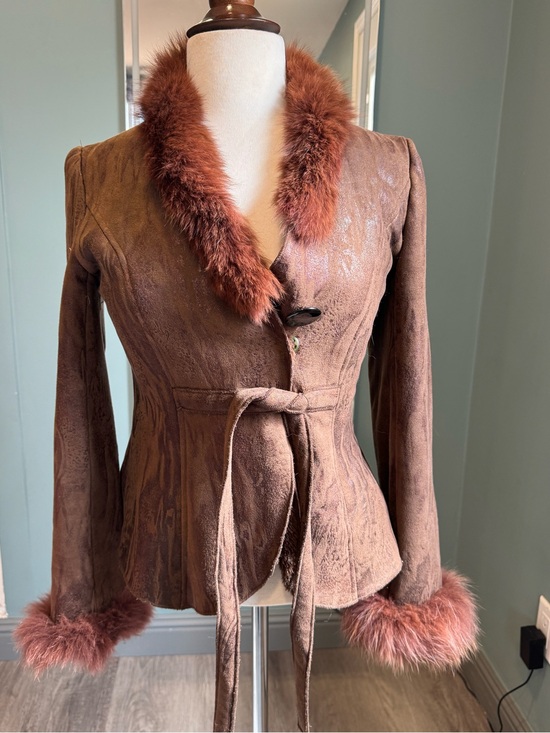 Sheeher Jackets & Blazers - Vintages Y2K Brown Fur Trim Jacket Silk Cotton Wool Blend Fitted Coquette XS S